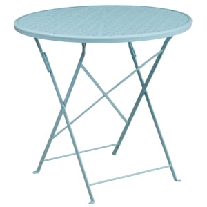 916-CO4SKY 30" Round Folding Patio Table w/ Rain Flower Design Top - Steel, Sky Blue