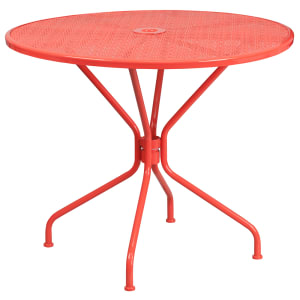 916-CO7RED 35 1/4" Round Patio Table w/ Rain Flower Design Top & Umbrella Hole - Steel,...
