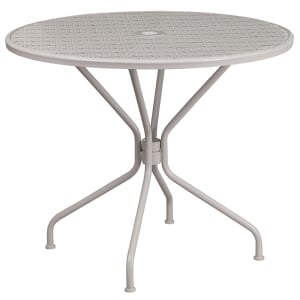916-CO7SIL 35 1/4" Round Patio Table w/ Rain Flower Design Top & Umbrella Hole - Steel, Light Gray