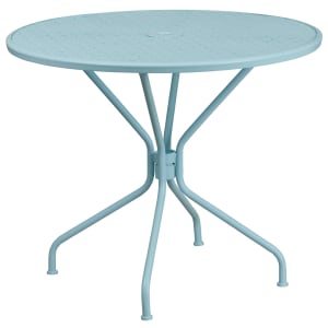 916-CO7SKY 35 1/4" Round Patio Table w/ Rain Flower Design Top & Umbrella Hole - Steel, Sky Blue