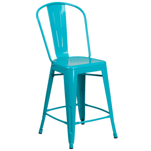 916-ET353424CB Counter Height Bar Stool w/ Curved Back & Metal Seat, Crystal Teal Blue