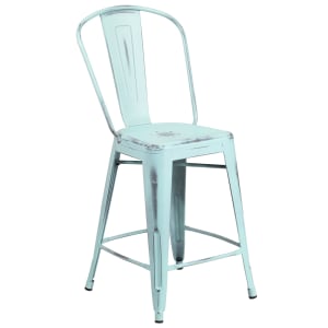 916-ET353424DB Counter Height Bar Stool w/ Curved Back & Metal Seat, Distressed Green Blue