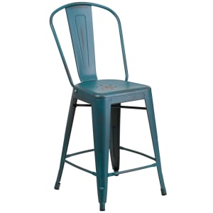 916-ET353424KB Counter Height Bar Stool w/ Curved Back & Metal Seat, Distressed Kelly Blue