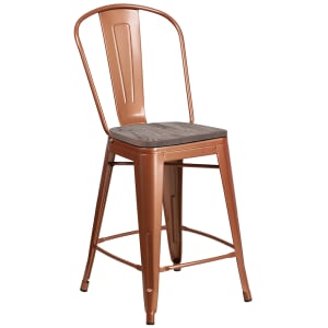 916-ET353424POCWD Counter Height Bar Stool w/ Curved Back & Wood Seat, Copper