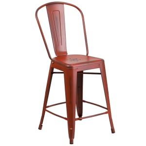 916-ET353424RD Counter Height Bar Stool w/ Curved Back & Metal Seat, Distressed Kelly Red