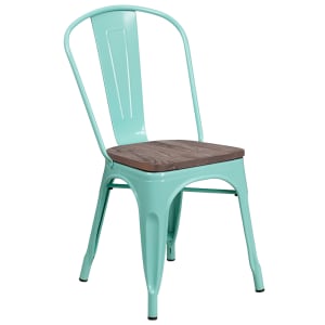 916-ET3534MINTWD Stacking Side Chair w/ Vertical Slat Back & Wood Seat - Steel, Mint Green