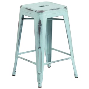 916-ETBT350324DB Counter Height Backless Bar Stool w/ Metal Seat, Distressed Green Blue
