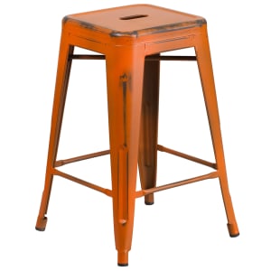 916-ETBT350324OR Counter Height Backless Bar Stool w/ Metal Seat, Distressed Orange