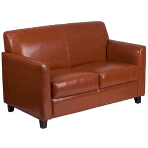 916-BT8272CG Reception Loveseat w/ Cognac LeatherSoft Upholstery, Black Wood Feet