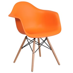 916-FH132DPPOR Contoured Armchair w/ Orange Plastic Seat & Wood Base