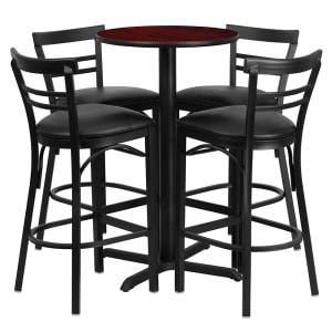 916-HDBF1034 24" Round Bar Height Table w/ (4) Bar Stool Set - Mahogany Laminate Top, Steel Base