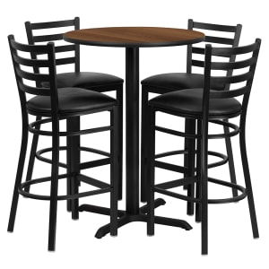 916-HDBF1024 30" Round Bar Height Table w/ (4) Bar Stool Set - Walnut Laminate Top, Steel Base