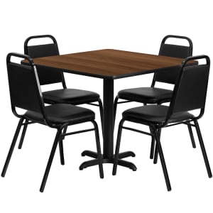 916-HDBF1012 36" Square Table & (4) Banquet Chair Set - Walnut Laminate Top, Cast Iron Base