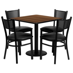 916-MD0005 30" Square Table & (4) Chair Set - Walnut Laminate Top, Cast Iron Base