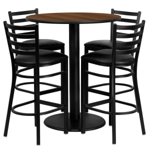 916-MD0011 36" Round Bar Height Table w/ (4) Bar Stool Set - Walnut Laminate Top, Steel Base