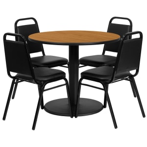 916-RSRB1003 36" Round Table & (4) Banquet Chair Set - Natural Laminate Top, Cast Iron Base