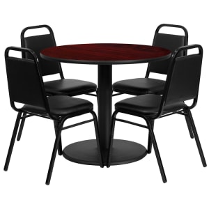 916-RSRB1002 36" Round Table & (4) Banquet Chair Set - Mahogany Laminate Top, Cast Iron Base