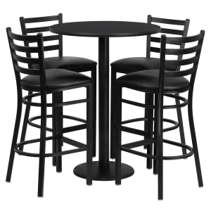 916-RSRB1021 30" Round Bar Height Table w/ (4) Bar Stool Set - Black Laminate Top, Steel Base