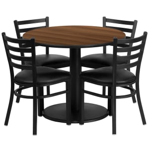 916-RSRB1032 36" Round Table & (4) Chair Set - Walnut Laminate Top, Cast Iron Base