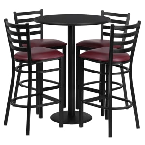 916-RSRB1025 30" Round Bar Height Table w/ (4) Bar Stool Set - Black Laminate Top, Steel Base