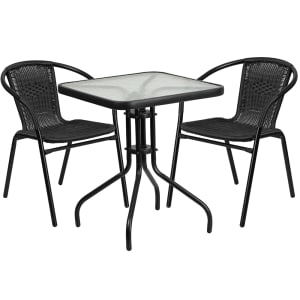 916-TLH0731SQ037BK2 23 1/2" Square Patio Table & (2) Black Rattan Arm Chair Set - Glass Top, Black Metal Base