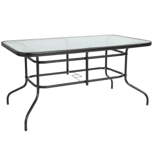 916-TLH089 Rectangular Patio Table w/ Glass Top & Umbrella Hole - Metal Base, Black