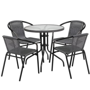 916-TLH087RD037GY4 28" Round Patio Table & 4 Gray Rattan Arm Chair Set - Glass Top, Black Metal Base
