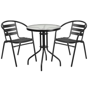 916-TLH071RD017CBK2 23 3/4" Round Patio Table & (2) Arm Chair Set - Glass Top, Black Metal Base