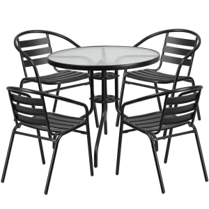 916-TLH072RD017CBK4 31 1/2" Round Patio Table & (4) Arm Chair Set - Glass Top, Black Metal Base