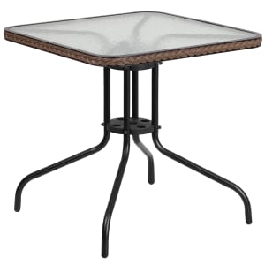 916-TLH073RDKBN 28" Square Patio Table w/ Glass Top & Dark Brown Rattan Edge - Metal Base, Black