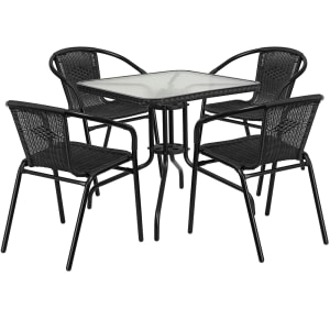 916-TLH073SQ037BK4 28" Square Patio Table & (4) Black Rattan Arm Chair Set - Glass Top,...