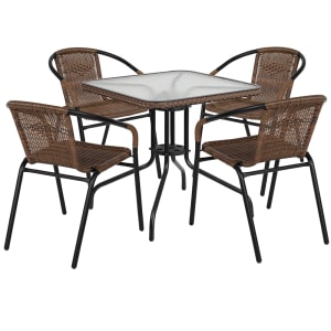 916-TLH073SQ037BN4 28" Square Patio Table & (4) Brown Rattan Arm Chair Set - Glass Top, Black Metal Base