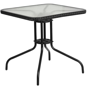 916-TLH073RBK 28" Square Patio Table w/ Glass Top & Black Rattan Edge - Metal Base, Black
