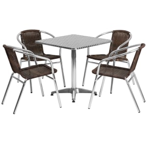 916-28SQ020CHR4 27 1/2" Square Patio Table & (4) Brown Rattan Arm Chair Set - Stainless Top, Aluminum Base