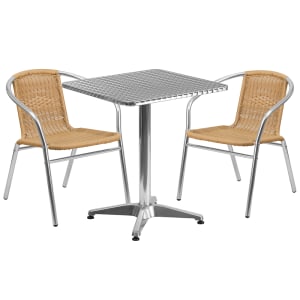916-24SQ020BGECHR2 23 1/2" Square Patio Table & (2) Beige Rattan Arm Chair Set - Stainle...