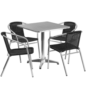 916-28SQ020BKCHR4 27 1/2" Square Patio Table & (4) Black Rattan Arm Chair Set - Stainless Top, Aluminum Base