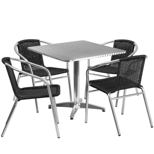 916-32SQ020BKCHR4 31 1/2" Square Patio Table & 4 Black Rattan Arm Chair Set - Stainless Top, Aluminum Base