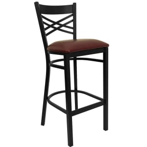 916-X6F8BXBKBBURV Bar Stool w/ Cross Back & Burgundy Vinyl Seat, Black