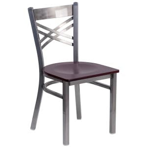 916-X6FOBCLRMAHW Restaurant Chair w/ Metal Cross Back & Mahogany Wood Seat - Steel Frame, Sil...