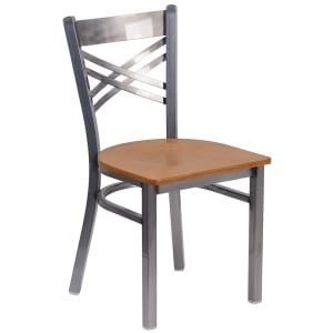 916-X6FOBCLRNATW Restaurant Chair w/ Metal Cross Back & Natural Wood Seat - Steel Frame, Silv...