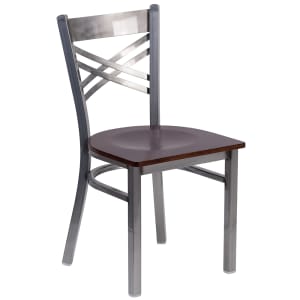 916-X6FOBCLRWALW Restaurant Chair w/ Metal Cross Back & Walnut Wood Seat - Steel Frame, Silve...