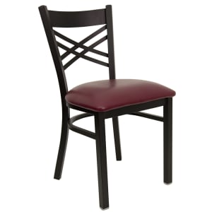 916-X6FOBXBKBURV Restaurant Chair w/ Metal Cross Back & Burgundy Vinyl Seat - Steel Frame, Bl...
