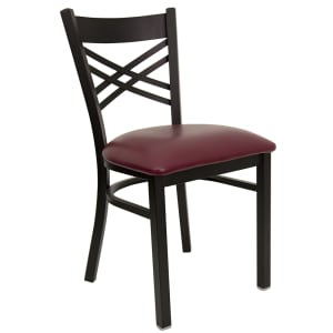 916-X6FOBXBKBURV Restaurant Chair w/ Metal Cross Back & Burgundy Vinyl Seat - Steel Frame, Black