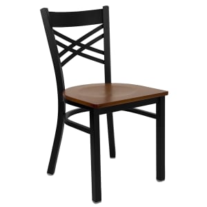 916-X6FOBXBKCHYW Restaurant Chair w/ Metal Cross Back & Cherry Wood Seat - Steel Frame, Black