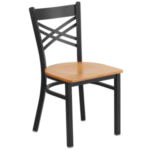 916-X6FOBXBKNATW Restaurant Chair w/ Metal Cross Back & Natural Wood Seat - Steel Frame, Blac...