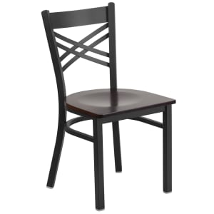 916-X6FOBXBKWALW Restaurant Chair w/ Metal Cross Back & Walnut Wood Seat - Steel Frame, Black