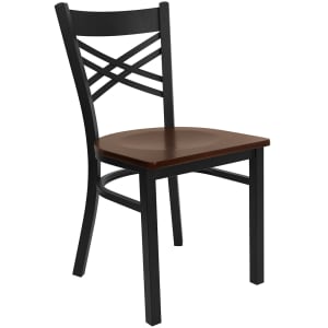 916-X6FOBXBKMAHW Restaurant Chair w/ Metal Cross Back & Mahogany Wood Seat - Steel Frame, Bla...