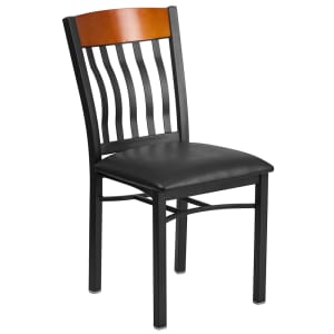 916-XDG60618CHYBLKV Restaurant Chair w/ Cherry Wood Slat Back & Black Vinyl Seat - Steel Frame, Black
