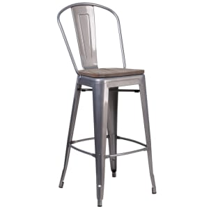 916-XDGTP001B30WD Bar Stool w/ Curved Back & Wood Seat, Silver