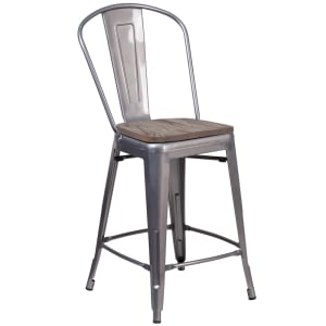 916-XDGTP001B24WD Bar Stool w/ Curved Back & Wood Seat, Silver